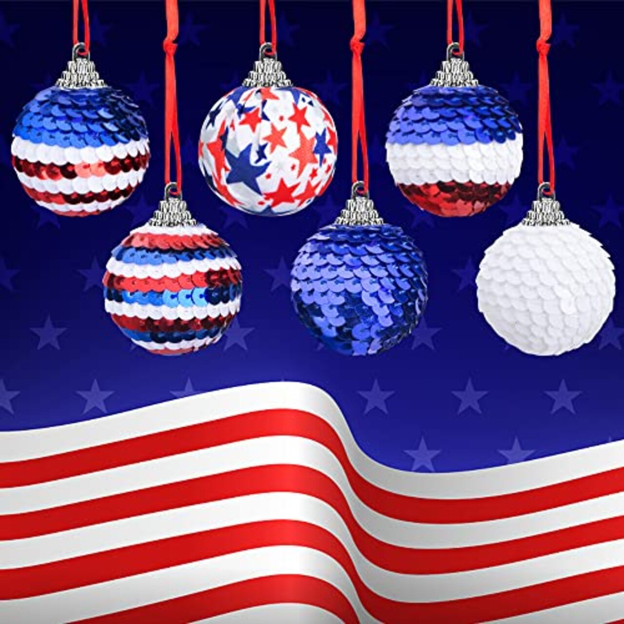24 Pieces Independence Day Sequin Balls Ornaments- 1.57 Inch 4th of July Patriotic Ornaments Hanging Balls- Red White Blue Tree Balls Ornaments for Memorial Day Veteran Day Tree Decorations
